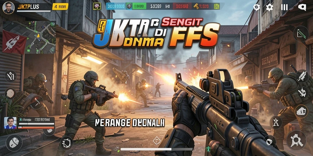 Screenshot utama JKTPLUS menunjukkan aksi bertempur yang intens.
