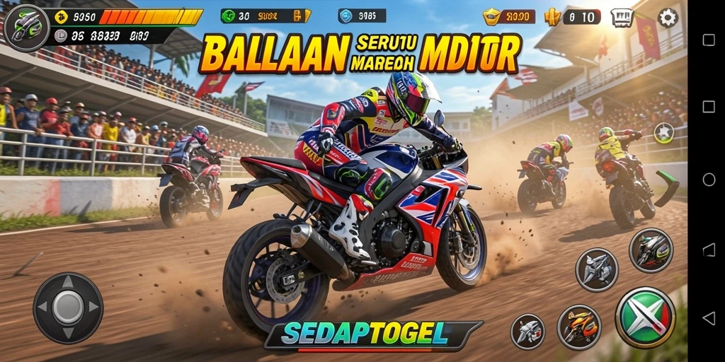 Screenshot gameplay SEDAPTOGEL dengan balapan motor yang mendebarkan.